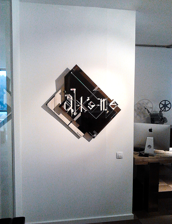 NO CURVES interprets THE ALKEME COMPANY logo. A Tape, Wood + Plexiglass 3D Sculpture that create illusion with shadows (2)